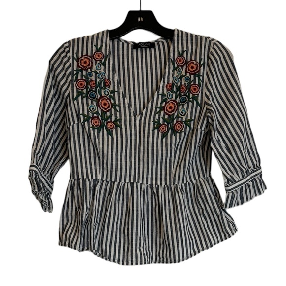 Adeline Tops - ADELINE Blue and White Striped Blouse with Floral Embroidery